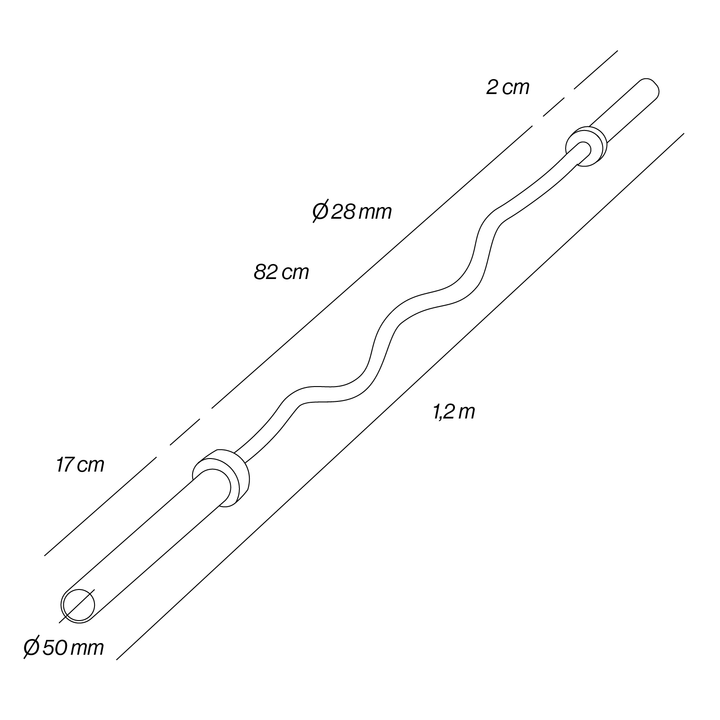 Barra Super Curl Acero 1.2m * 50mm 400LBS / 181Kg Max - Dimensiones